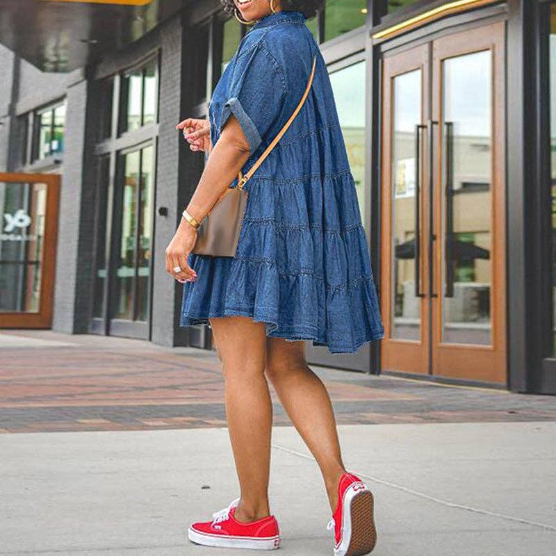 Women Fashion Casual Plus Size Lapel Short Sleeve Tutu Denim Dress: Blue
