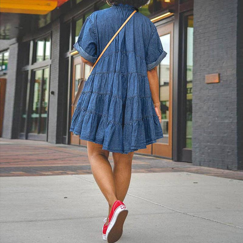 Women Fashion Casual Plus Size Lapel Short Sleeve Tutu Denim Dress: Blue