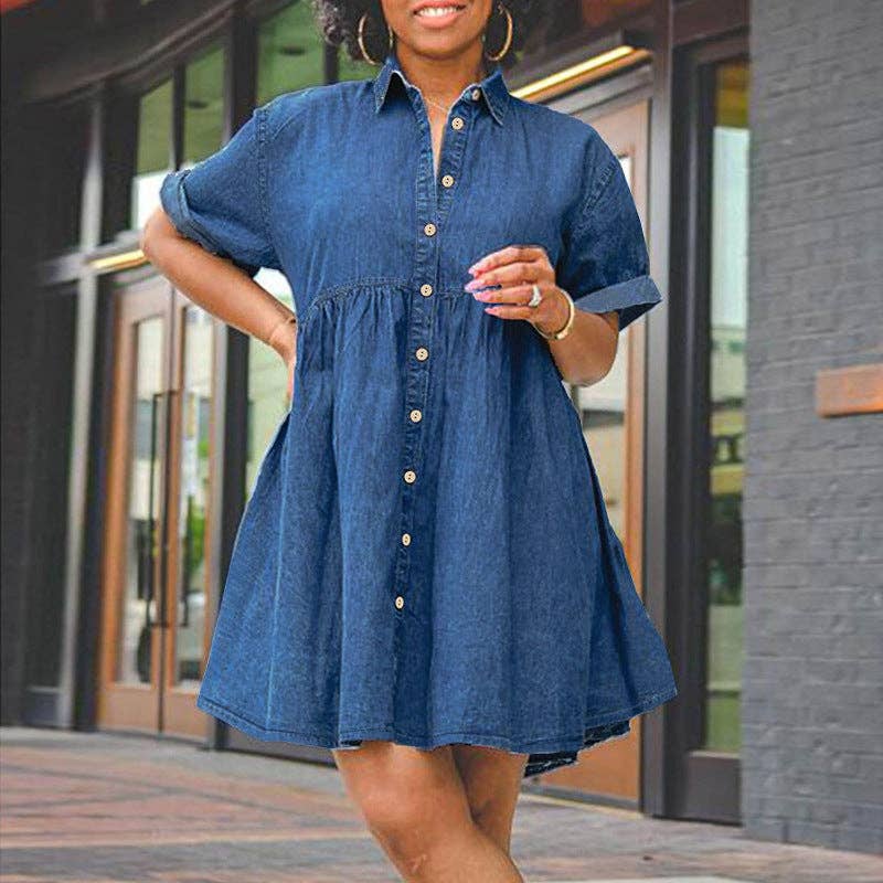 Women Fashion Casual Plus Size Lapel Short Sleeve Tutu Denim Dress: Blue