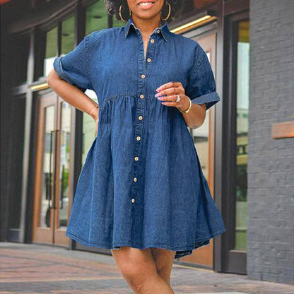 Women Fashion Casual Plus Size Lapel Short Sleeve Tutu Denim Dress: Blue