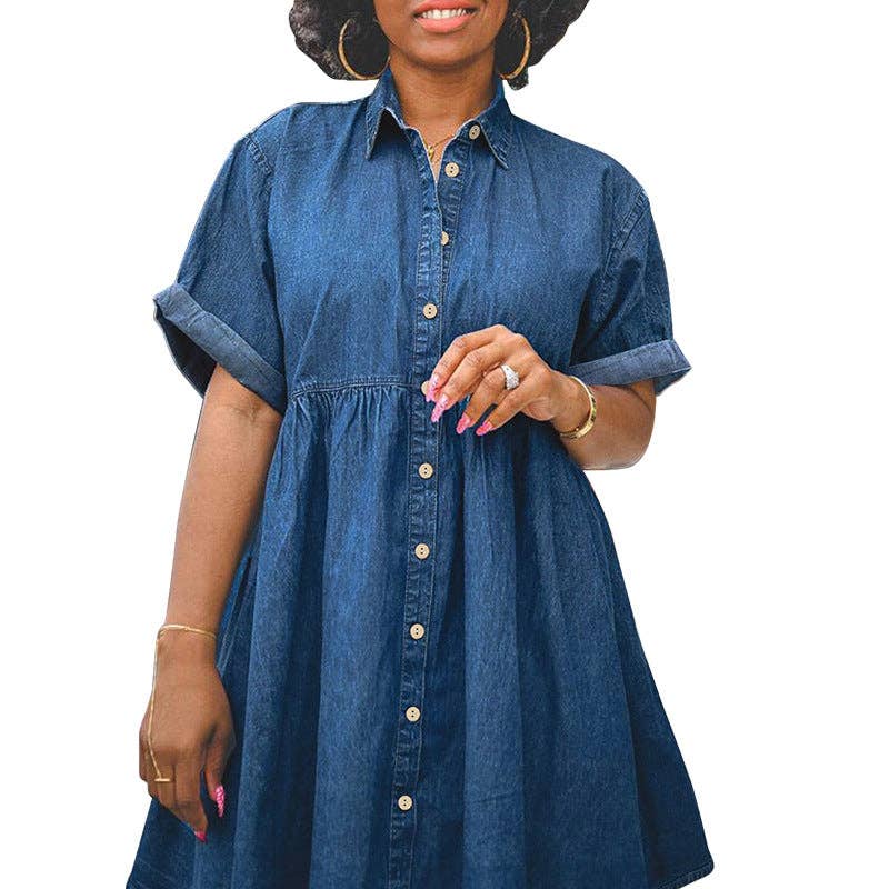 Women Fashion Casual Plus Size Lapel Short Sleeve Tutu Denim Dress: Blue