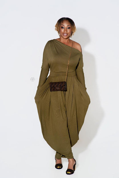 One Shoulder Draped Jersey Jumpsuit