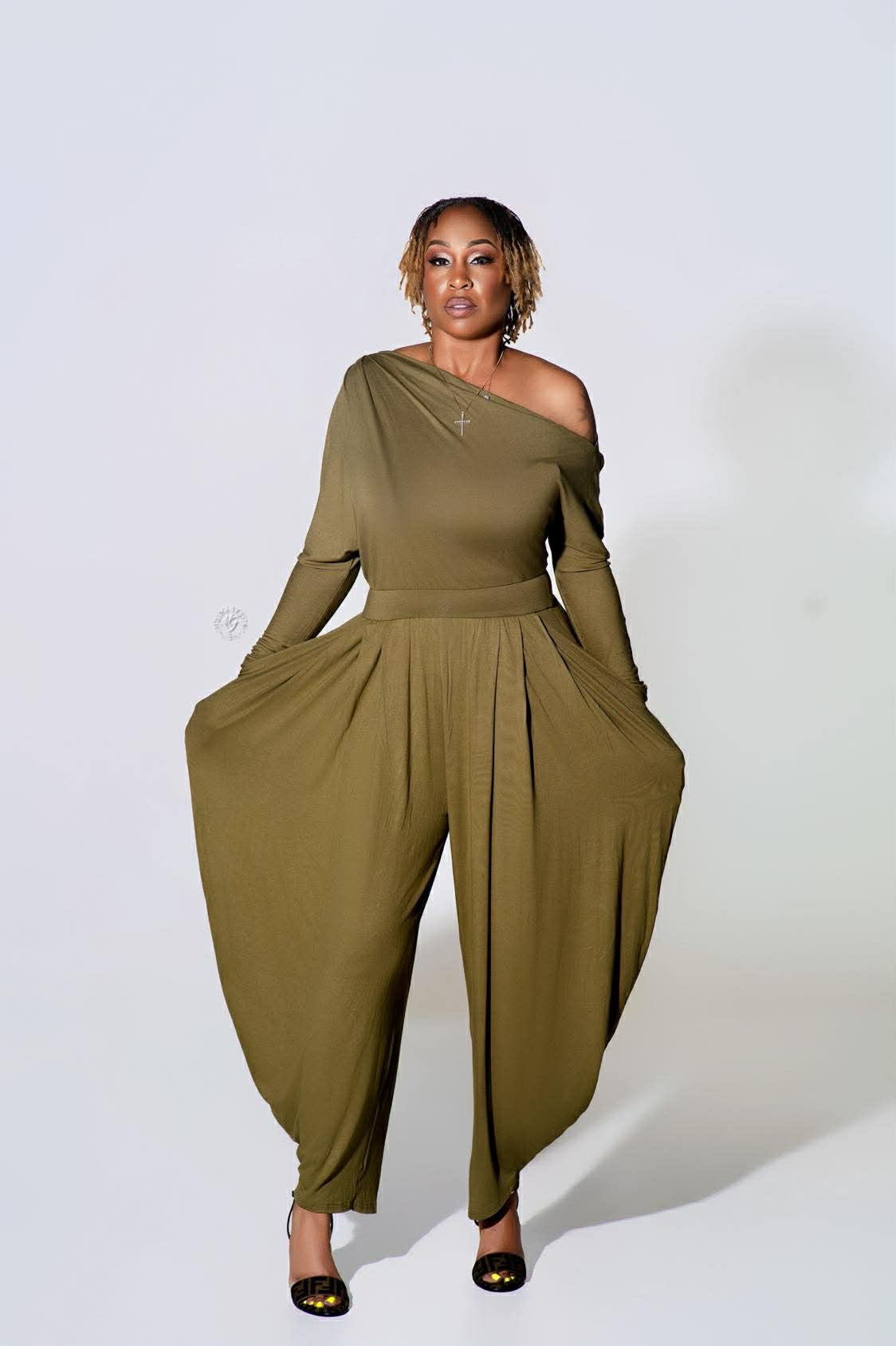 One Shoulder Draped Jersey Jumpsuit