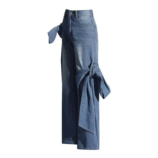 Patchwork Bow Detail Wide Leg Jeans