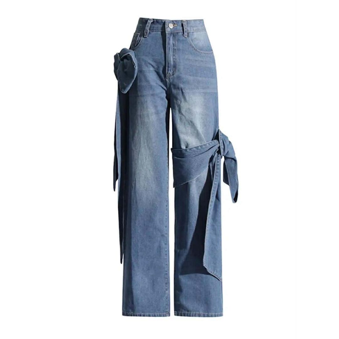 Patchwork Bow Detail Wide Leg Jeans
