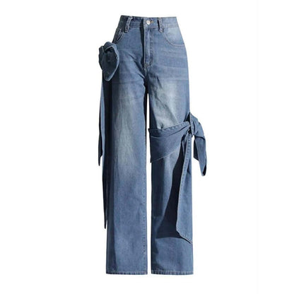 Patchwork Bow Detail Wide Leg Jeans