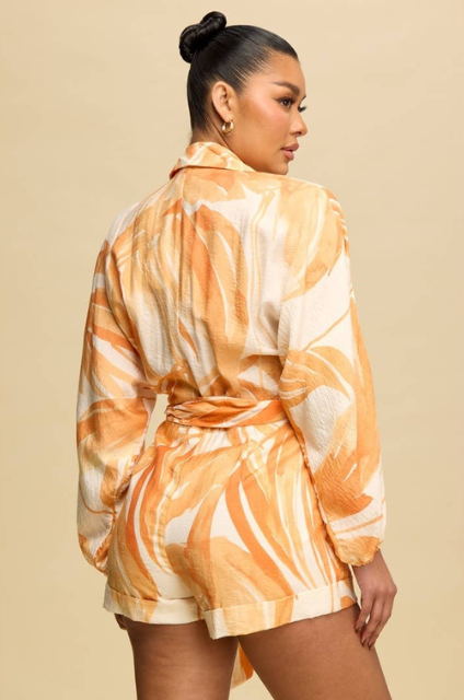 Elika Tie Geo Print Romper : Orange