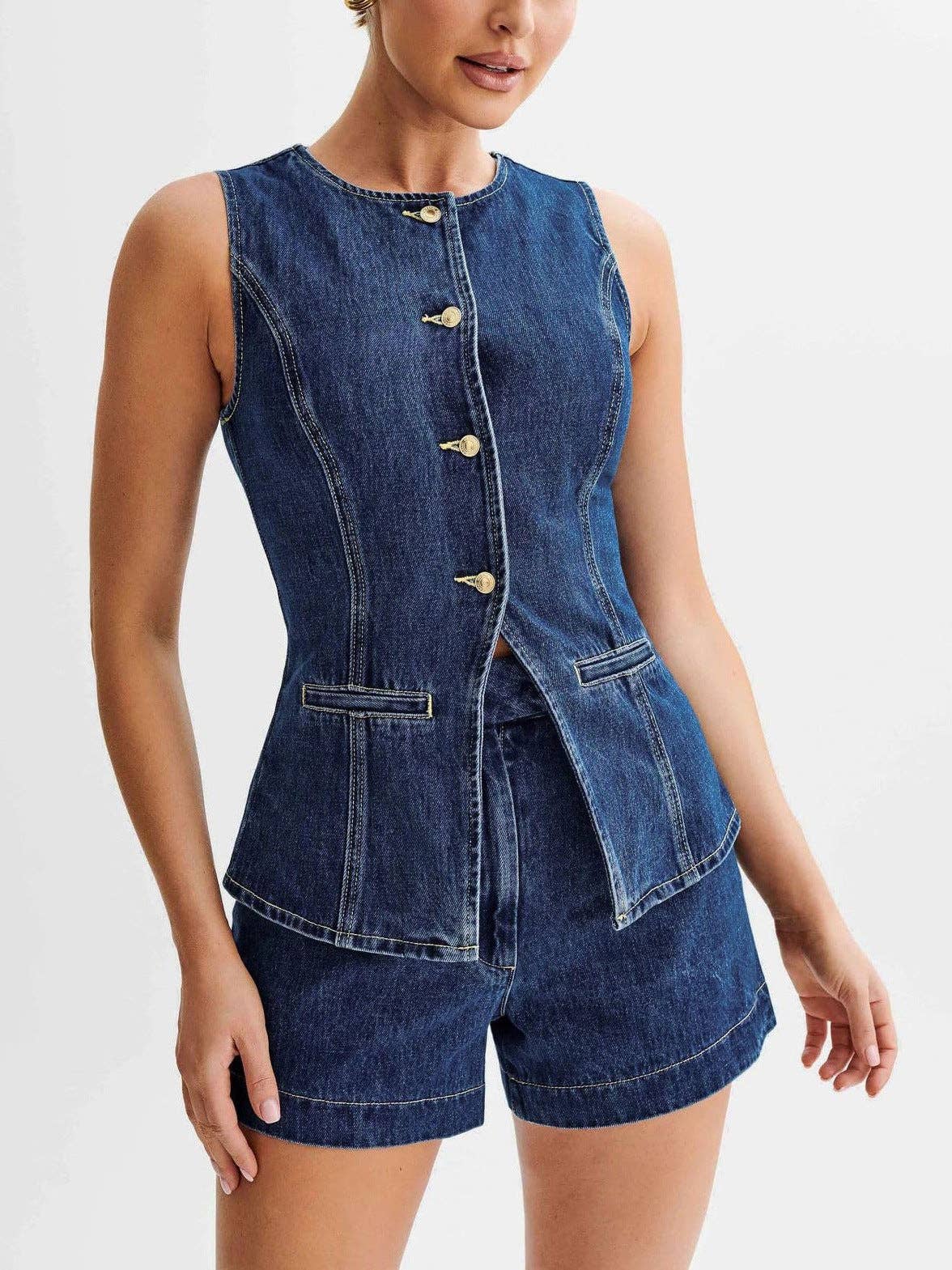 Women Fashion Casual Sleeveless Vest And Denim Shorts Two-Piece Set