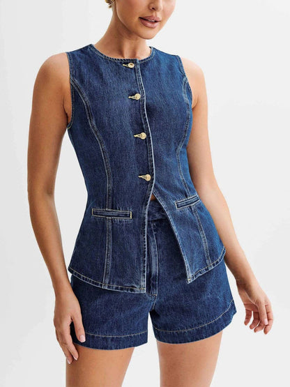 Women Fashion Casual Sleeveless Vest And Denim Shorts Two-Piece Set