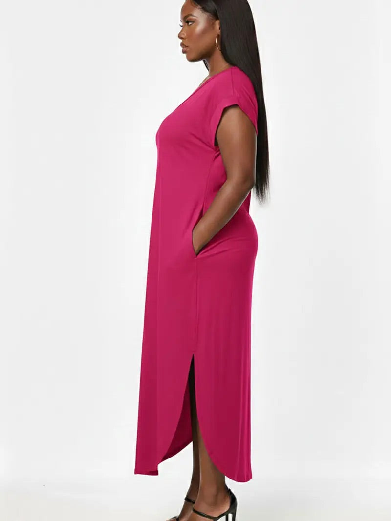 Plus Size Hidden Pocket Batwing Sleeve V Neck Long Dress