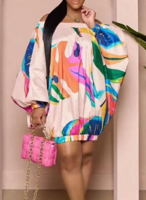 Women's Plus Size One Shoulder Printed Dolman Sleeve Dress: Pink