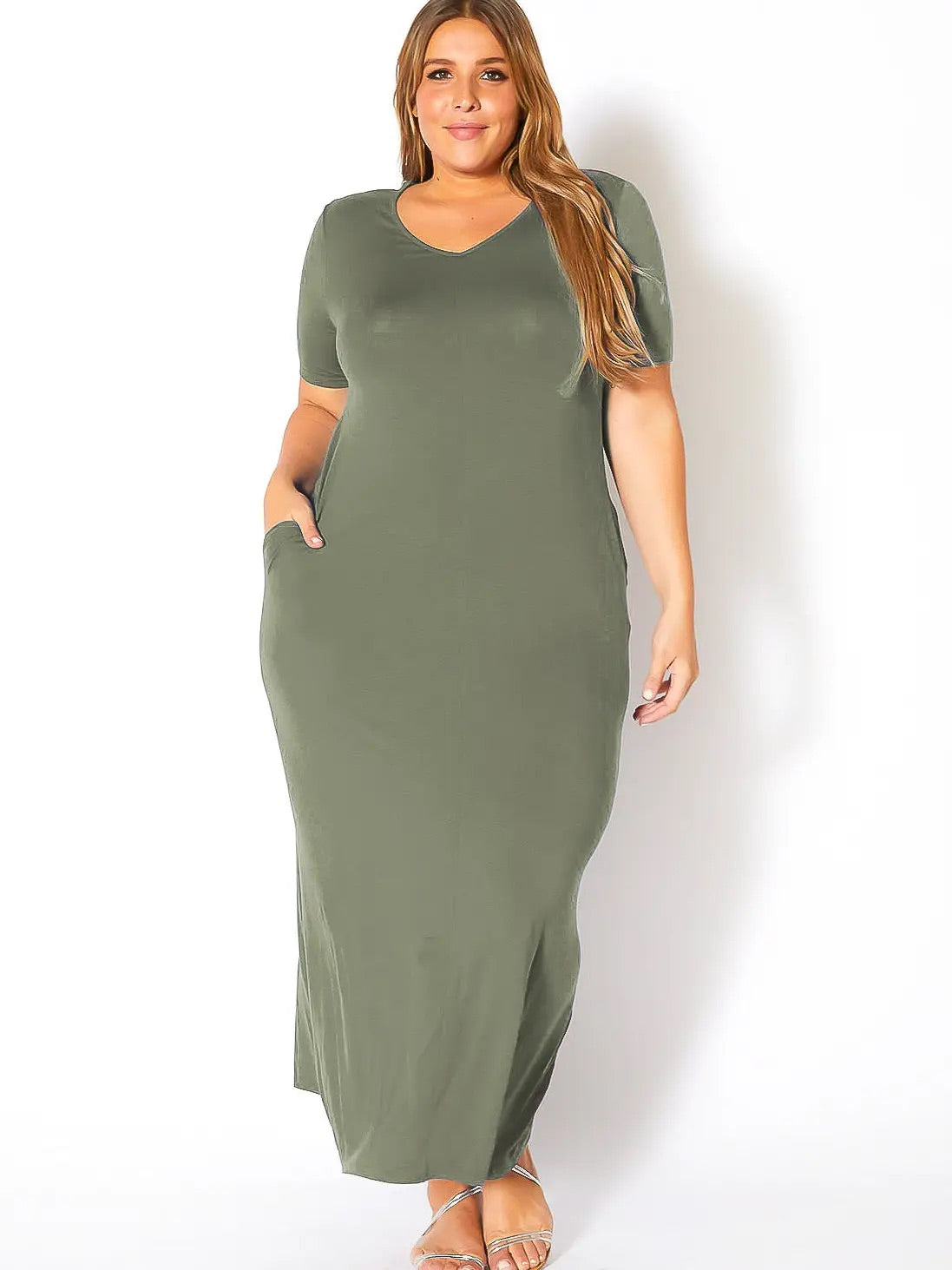 Plus Size Hidden Pocket Batwing Sleeve V Neck Long Dress