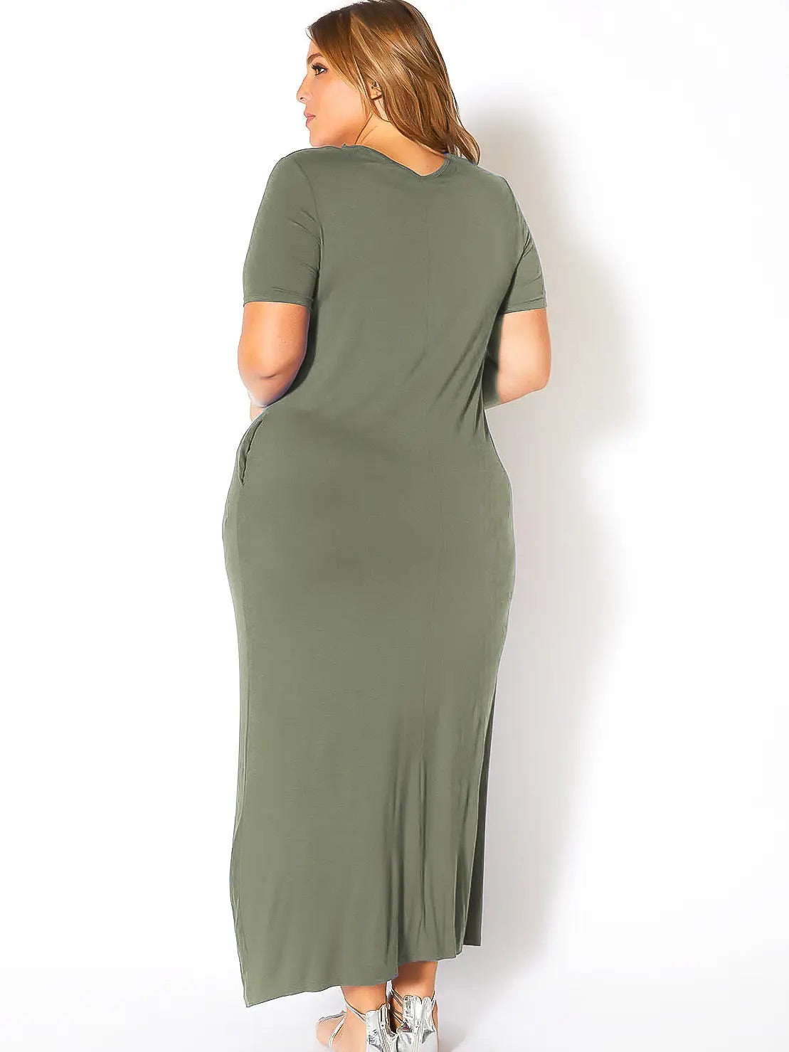 Plus Size Hidden Pocket Batwing Sleeve V Neck Long Dress