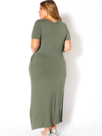 Plus Size Hidden Pocket Batwing Sleeve V Neck Long Dress